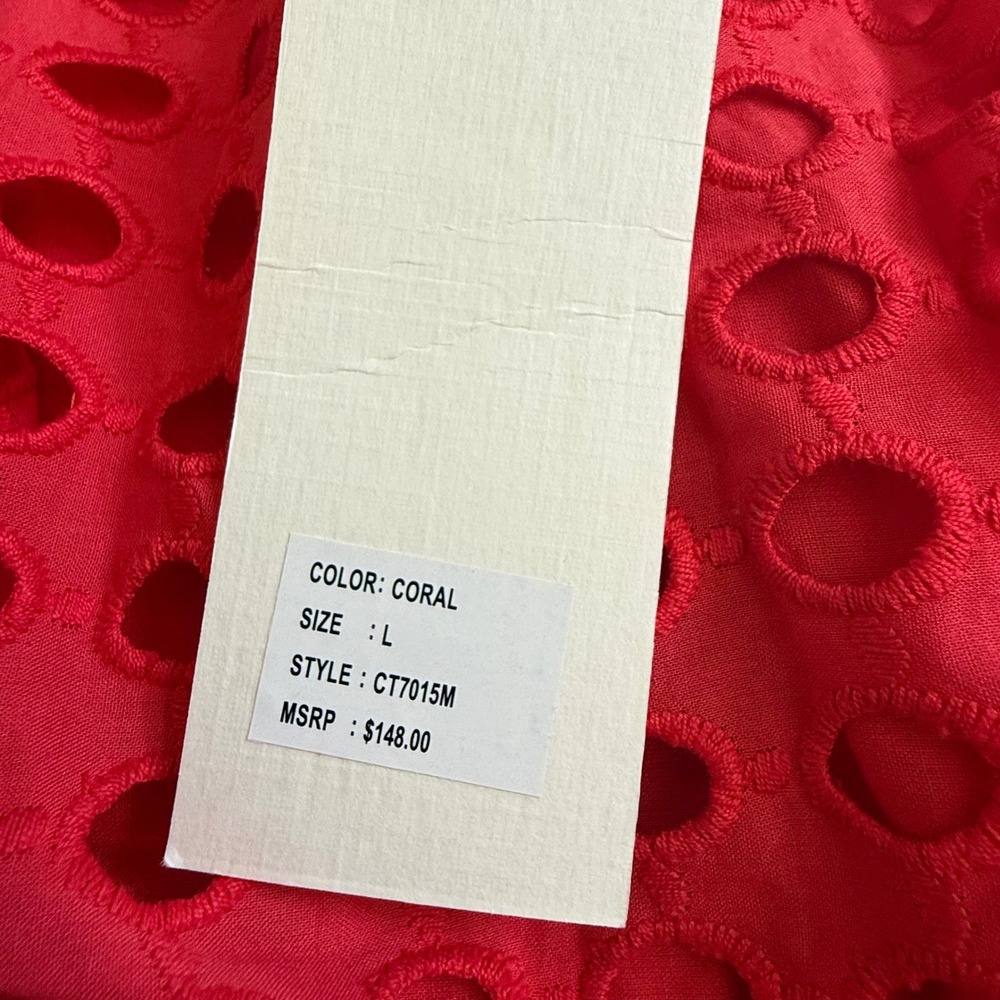 Jennifer & Grace Coral Red Eyelet Sleeveless Bubble Hem Top CT7015M NWT Large - Picture 3 of 6